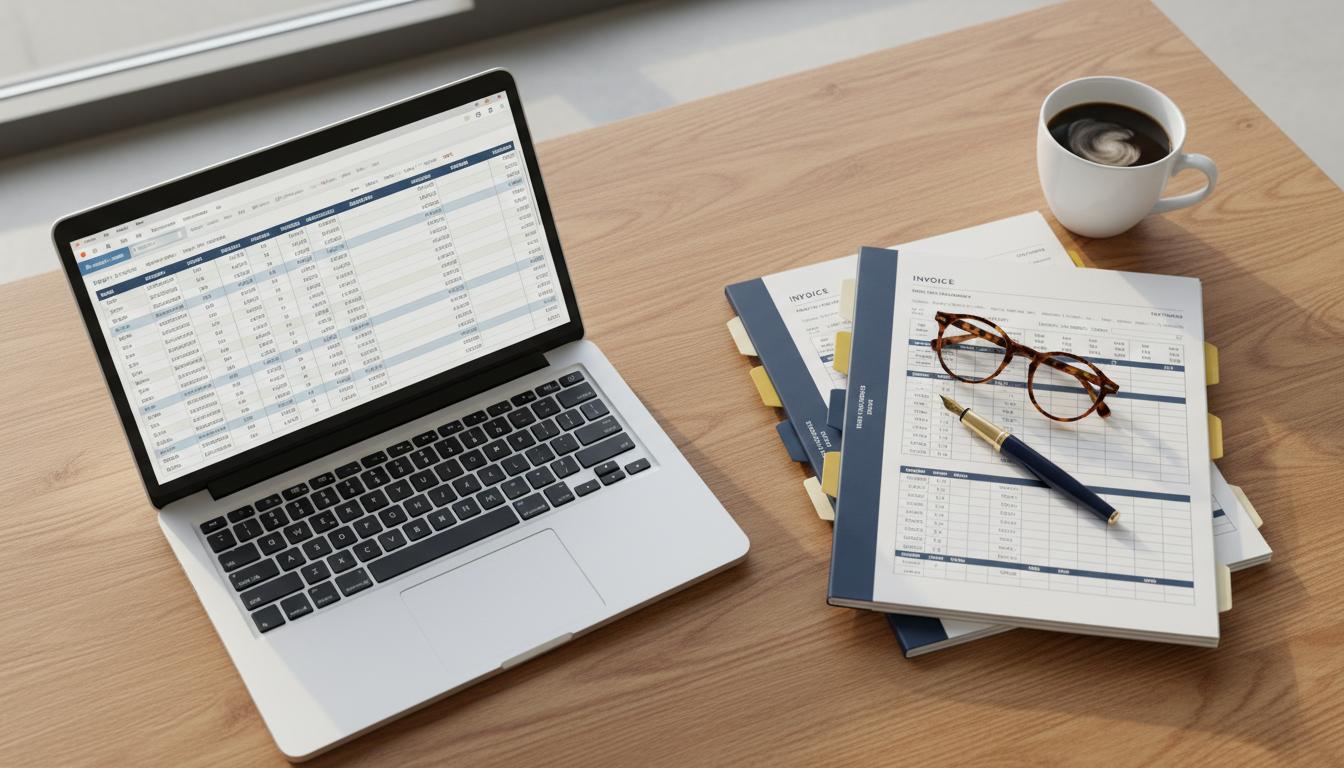 Buchhaltung & Finanzbuchführung — Professioneller Arbeitsplatz mit Laptop und Finanzunterlagen